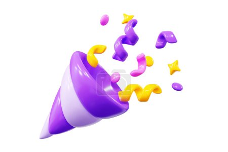 Photo for Party popper with confetti streamer and star 3d render illustration. Purple plastic firecracker with yellow and pink paper firework ribbon serpentine for celebrate, congratulation and surprise concept - Royalty Free Image