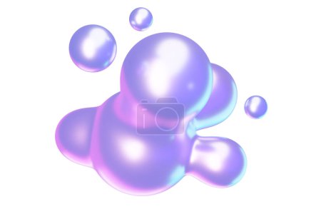 Forma líquida redonda abstracta del metaball 3d con efecto holográfico. Ilustración fluida burbuja circular con superficie metálica y color púrpura y rosa iridiscente. Gota figura geométrica.
