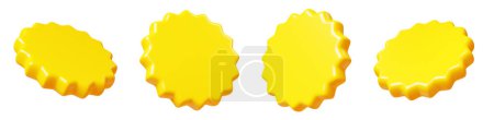 Yellow starburst sticker floating in air. 3D render illustration set of circle sale banner and text box for promotion and discount sign. Flying in different angles sunburst round badge icon.