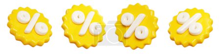 Gelber Starburst-Aufkleber mit Prozentzeichen, der in der Luft schwebt. 3D-Renderillustration Set von rundem Sunburst-Etikett mit Verkaufs- und Rabattschild für Werbezwecke. Fliegen in verschiedenen Winkeln Abzeichen Symbol.