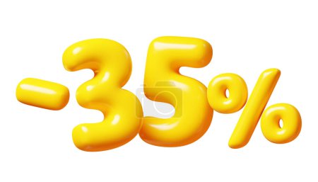 Photo for Balloon number minus thirty five percent sign for sale concept. 3d render illustration of yellow plastic glossy discount typography -35. Cartoon bubble element percentage off for special offer promo. - Royalty Free Image