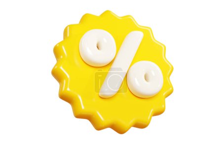 Yellow starburst sticker with percent sign floating in air. 3D render illustration of round sunburst label with sale and discount sign for promotion. Flying in different angles badge icon.