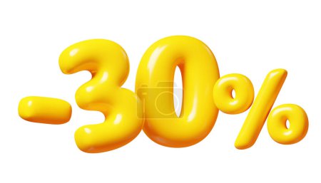 Luftballon Nummer minus dreißig Prozent unterschreiben für Verkaufskonzept. 3D-Darstellung der gelb glänzenden Discount-Typografie aus Plastik -30. Cartoon Bubble Element Prozentsatz für Sonderaktion.
