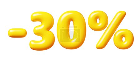 Balloon number minus thirty percent sign for sale concept. 3d render illustration of yellow plastic glossy discount typography -30. Cartoon bubble element percentage off for special offer promotion.