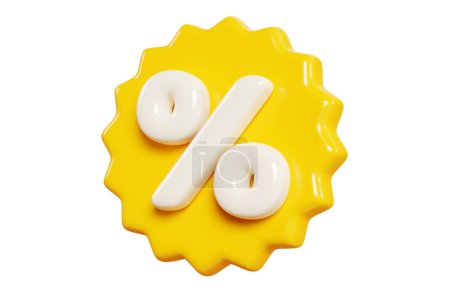 Etiqueta amarilla con signo de porcentaje flotando en el aire. Ilustración 3D de la etiqueta redonda sunburst con venta y signo de descuento para la promoción. Volar en diferentes ángulos icono de la insignia.