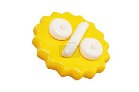 Yellow starburst sticker with percent sign floating in air. 3D render illustration of round sunburst label with sale and discount sign for promotion. Flying in different angles badge icon.