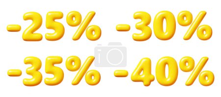 Luftballonnummer mit Prozentzeichen für Verkaufskonzept. 3D-Render Illustration Set aus gelbem Kunststoff glänzend Discount-Typografie. Cartoon Bubble Element Prozentsatz für Sonderaktion.