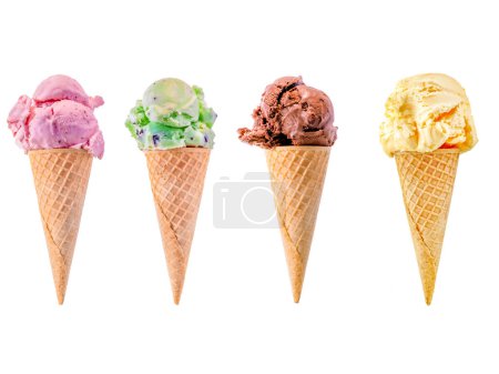 Photo for Row of Strawberry, Mint, Chocolate and Vanilla ice cream sugar cones on a white background with copy space. - Royalty Free Image