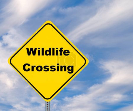 Diamond Shaped Yellow warning sign, Wildlife Crossing caution advisement.