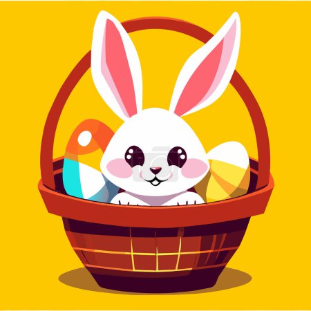 Ilustración de Lindo conejito de Pascua se sienta en una cesta rodeada de huevos. - Imagen libre de derechos