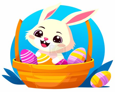 Ilustración de Un adorable conejito de Pascua sentado en una canasta con huevos. - Imagen libre de derechos