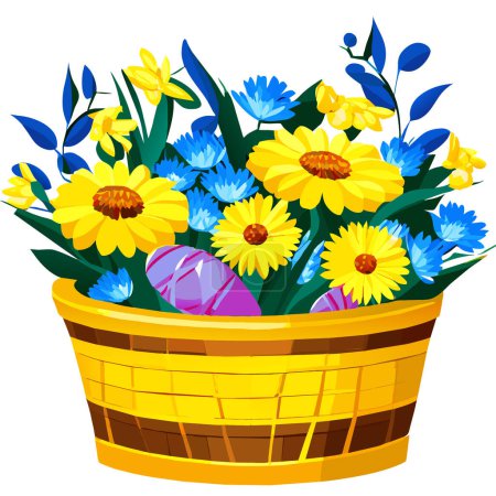 Téléchargez les photos : Un panier avec œufs de Pâques et fleurs jaunes et bleues. - en image libre de droit