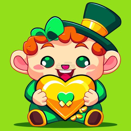 Téléchargez les photos : Un adorable enfant en tenue verte tenant un cœur doré pour la Saint Patrick - en image libre de droit