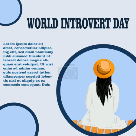 Téléchargez les illustrations : Affiche commémorant la Journée mondiale de l'introduction, avec une femme assise à contempler seul portant un chapeau brun et un fond bleu - en licence libre de droit