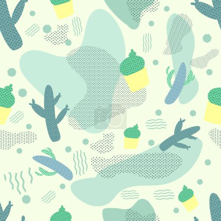 Illustration for Seamless vector pattern with different cacti. Repeating texture with green cactus. with a blue background - Royalty Free Image