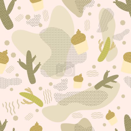 Illustration for Seamless vector pattern with different cacti. Repeating texture with green cactus. with a brown background - Royalty Free Image