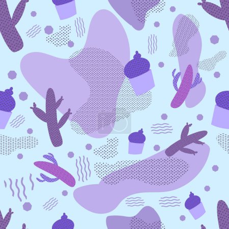 Illustration for Seamless vector pattern with different cacti. Repeating texture with green cactus. with a purple background - Royalty Free Image