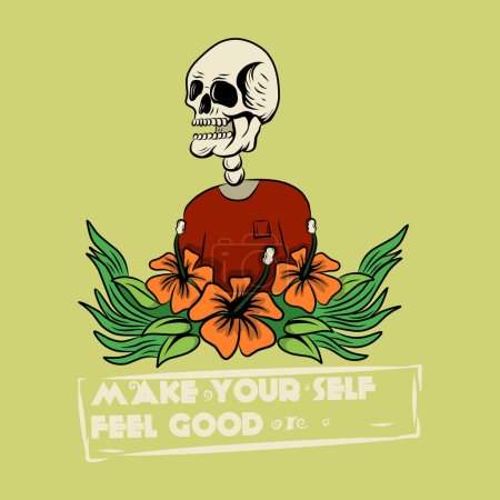 Illustration for Vector skull with a big smile wearing a red shirt surrounded by flowers and leaves - Royalty Free Image