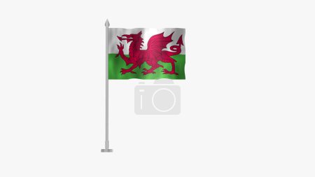 Polfahne von Wales, Flagge von Wales, Wales Polfahne weht im Wind auf weißem Hintergrund.