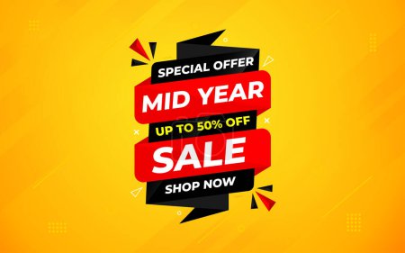 Mid Year Sale banner vector template. New Year Discount vector graphic element. Super shop label Promo design. Product opening festival background collection. 