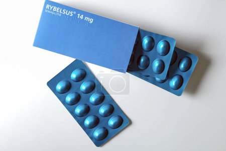 Photo for Rybelsus - pills for diabetes and weight loss. Drugs blister packaging. Medical equipment for diabetes parients. Medications drugs, flat lay, overhead. Copenhagen, Denmark - August 20, 2023 - Royalty Free Image