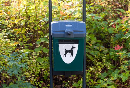 Téléchargez les photos : Poubelle verte pour chien dans un parc. Nettoyage des excréments de chien. Photo de haute qualité - en image libre de droit