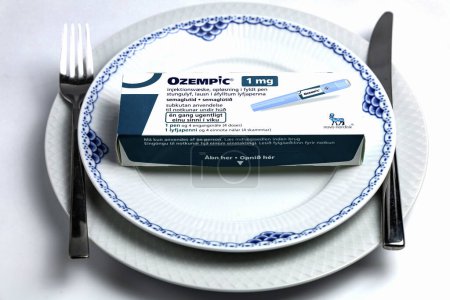 Photo for Ozempic Insulin injection pen or insulin cartridge pen for diabetics. Medical equipment for diabetes parients. Copenhagen, Denmark - January 12, 2024. - Royalty Free Image