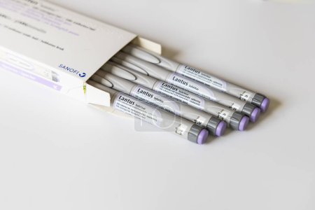 Photo for Lantus Insulin injection pen or insulin cartridge pen for diabetics. Medical equipment for diabetes parients. Copenhagen, Denmark - May 28, 2023 - Royalty Free Image