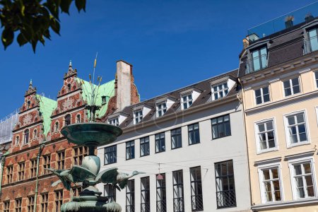 La famosa fuente de la cigüeña y las casas antiguas tradicionales en la calle en el centro de Copenhague, Dinamarca