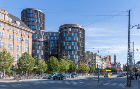 Photo for Copenhagen, Denmark - September 8, 2023. Street in central Copenhagen with Axel Towers on a sunny summer day. - Royalty Free Image