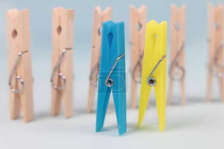 Photo for Blue and yellow clothespins on the background of ordinary wooden clothespins. The concept of being different, gender issue, standing out from the crowd, vision of man and woman. - Royalty Free Image