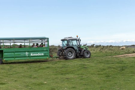 Photo for A tractor with a trailer carries tourists across a green field on an excursion to Rubjerg Knude Lighthouse, Denmark - August 30, 2023. - Royalty Free Image