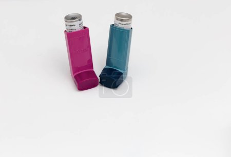  Asthma medications inhalers on a white background. Lung disease. 