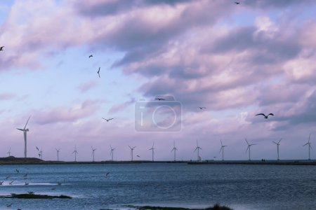 Wind turbine farm power genarator in beautiful nature landscape for production of renewable green energy. High quality photo