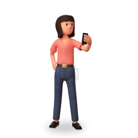 Foto de Mujer ilustración 3d sosteniendo un teléfono celular haciendo una videollamada con fondo blanco - Imagen libre de derechos