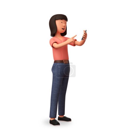 Téléchargez les photos : Illustration 3D femme tenant un téléphone portable tout en pointant quelque chose sur son téléphone portable - en image libre de droit