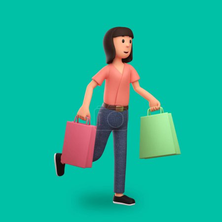 Photo for 3d cartoon illustration woman carrying shopping bags with a happy expression - Royalty Free Image