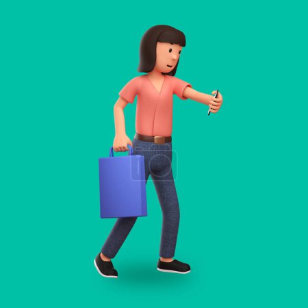 Téléchargez les photos : Illustration de dessin animé 3d femme portant des sacs à provisions et tenant le téléphone avec une expression heureuse - en image libre de droit