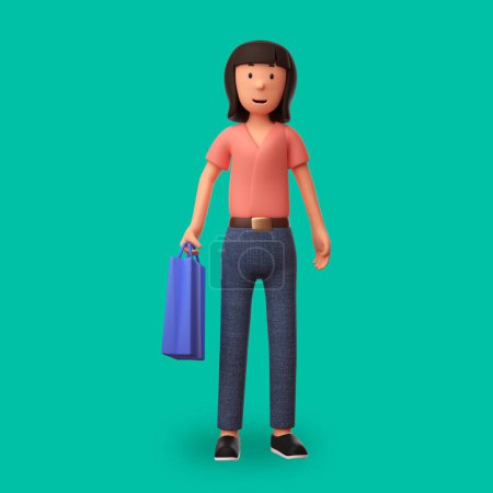 Téléchargez les photos : Illustration de dessin animé 3d femme portant des sacs à provisions avec une expression heureuse - en image libre de droit