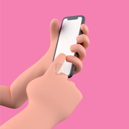 Téléchargez les photos : 3D Cartoon main tenant smartphone avec pointage vers quelque chose d'isolé - en image libre de droit