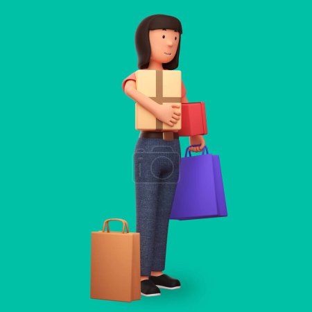 Foto de 3d ilustración de dibujos animados mujer llevando bolsas de compras con una expresión feliz - Imagen libre de derechos