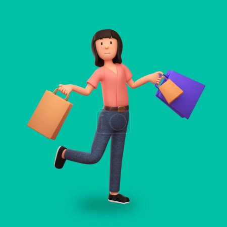Téléchargez les photos : Illustration de dessin animé 3d femme portant des sacs à provisions avec une expression heureuse - en image libre de droit