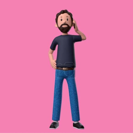 Téléchargez les photos : Illustration de personnage 3d d'un homme que l'homme appelle avec fond rose - en image libre de droit