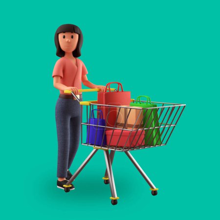 Photo for 3d cartoon illustration woman holding the trolley - Royalty Free Image
