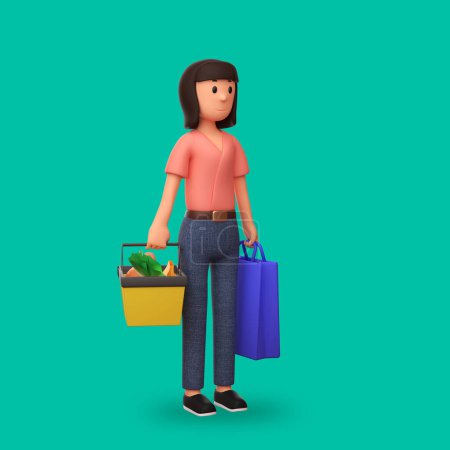 Foto de 3d ilustración de dibujos animados mujer llevando bolsas de compras con una expresión feliz - Imagen libre de derechos