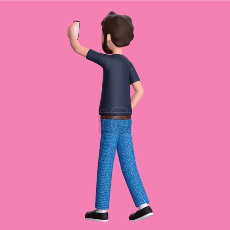 Téléchargez les photos : Illustration de personnage 3d d'un homme tenant un téléphone avec fond rose - en image libre de droit