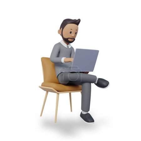 Photo for 3d character illustration of businessman sitting and working on something on his laptop - Royalty Free Image