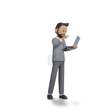 Téléchargez les photos : Illustration de caractère 3d d'un homme d'affaires tenant le téléphone portable et pointant vers le téléphone portable - en image libre de droit