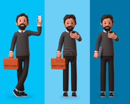 Téléchargez les photos : Illustration de personnage 3d d'homme d'affaires tenant téléphone et mallette regroupant trois caractères avec fond bleu - en image libre de droit