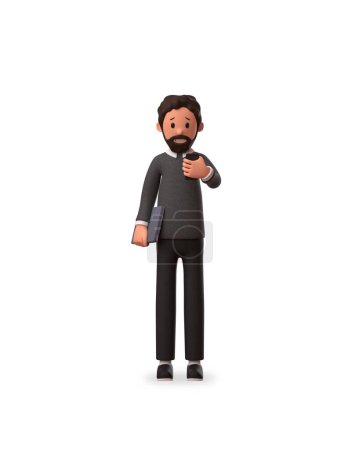 Téléchargez les photos : Illustration de caractère 3d de l'homme d'affaires debout tenant ordinateur portable tout en regardant dans le téléphone - en image libre de droit